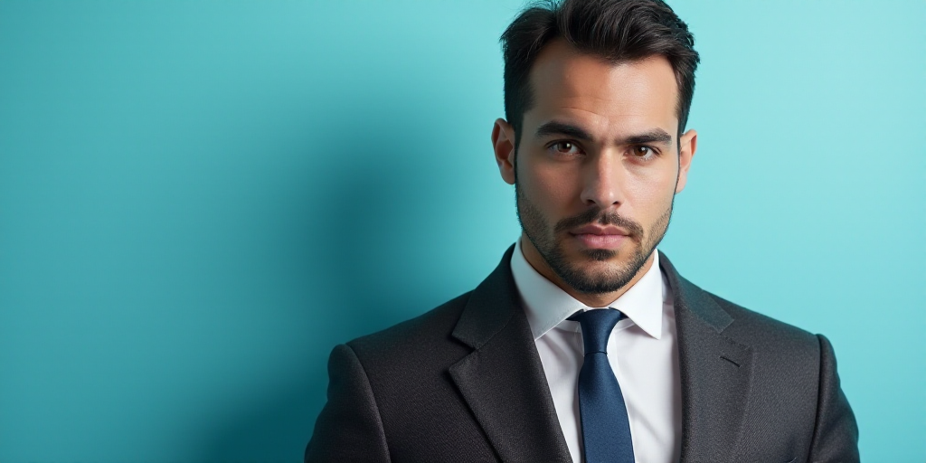 a man in a suit and tie with a blue background and a black and white photo of a man in a suit and ti