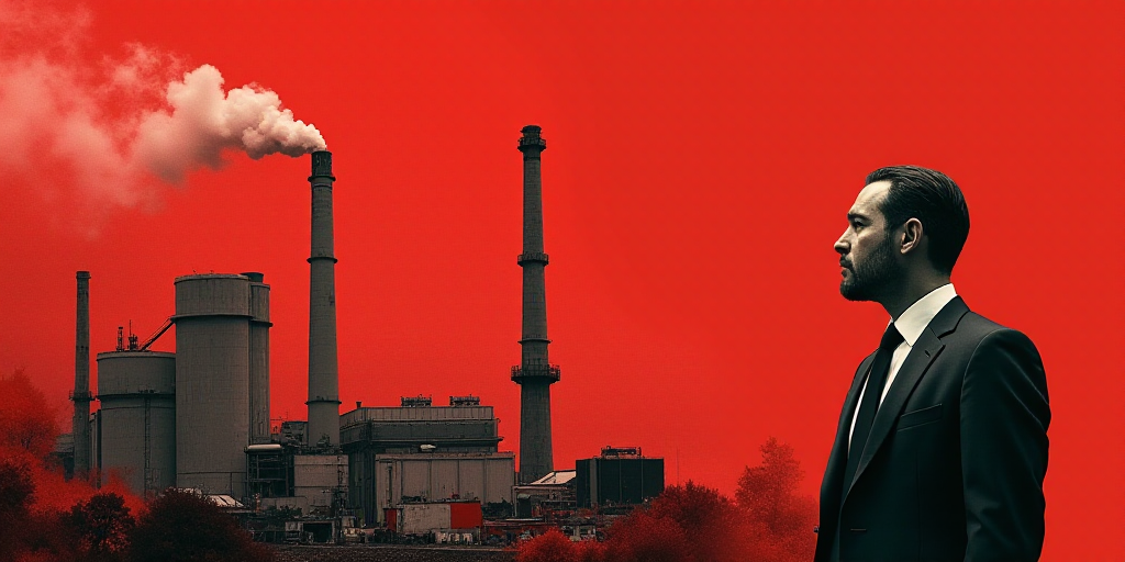 a man in a suit and tie with a red background and a collage of images of a factory, Andries Stock, h