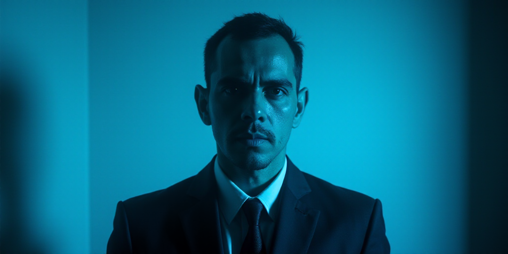 a man in a suit and tie with a blue background and a black and white photo of him and the caption of