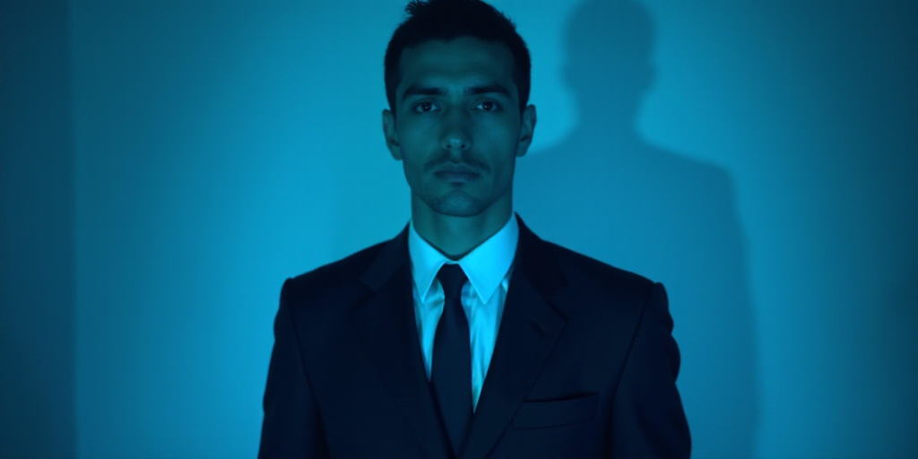 a man in a suit and tie with a blue background and a black and white photo of him and the caption of