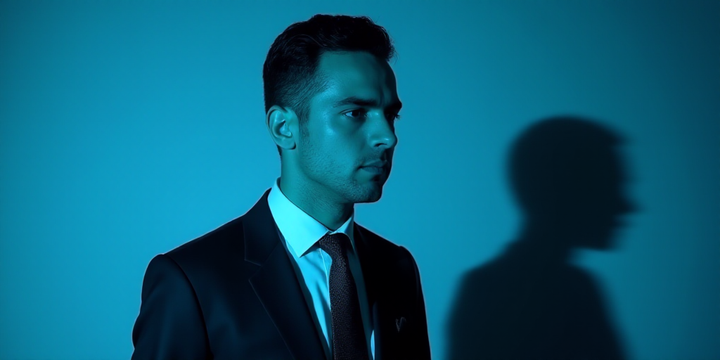 a man in a suit and tie with a blue background and a black and white photo of him and the caption of