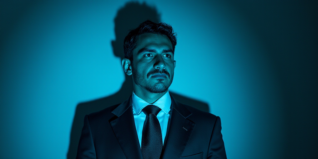 a man in a suit and tie with a blue background and a black and white photo of him and the caption of