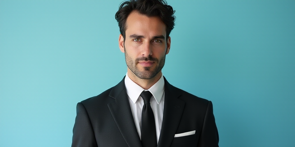 a man in a suit and tie with a blue background and a black and white photo of a man in a suit and ti