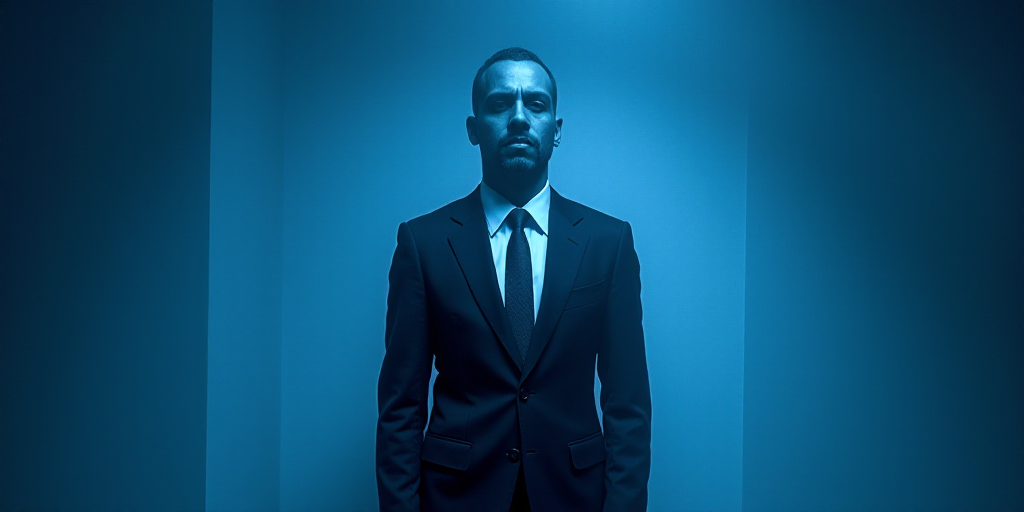 a man in a suit and tie with a blue background and a black and white photo of him and the caption of