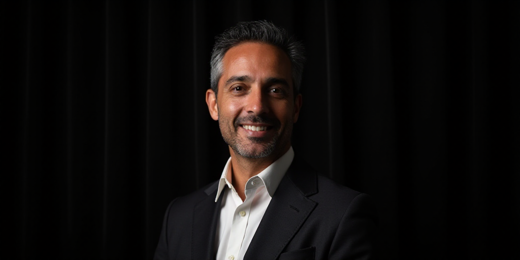a man in a suit and white shirt smiling for the camera with a black background behind him and a blac