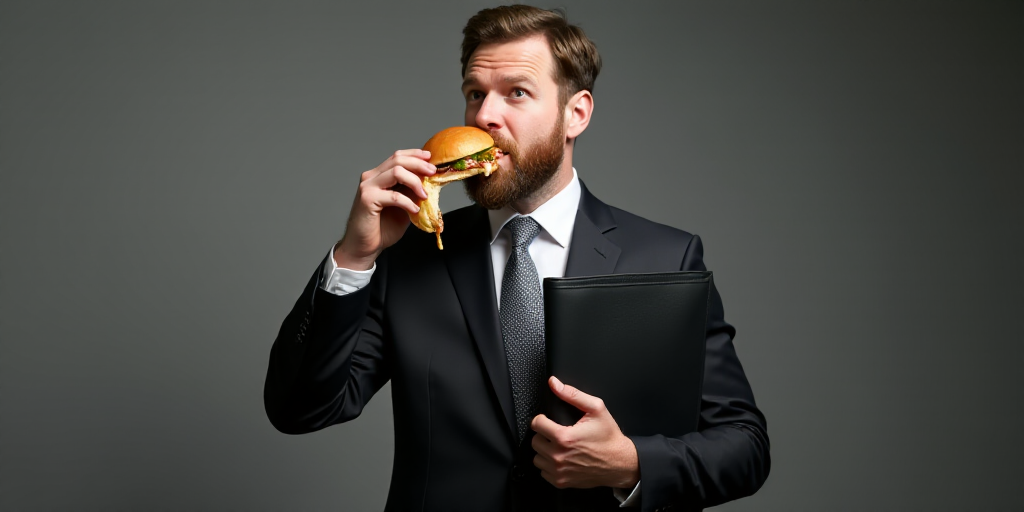 a man in a suit eating a sandwich and holding a binder in his hand and a folder in his other hand, B
