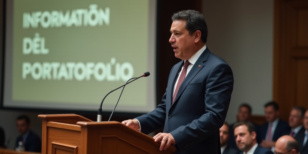 a man in a suit giving a speech at a podium with a poster behind him that reads information del port
