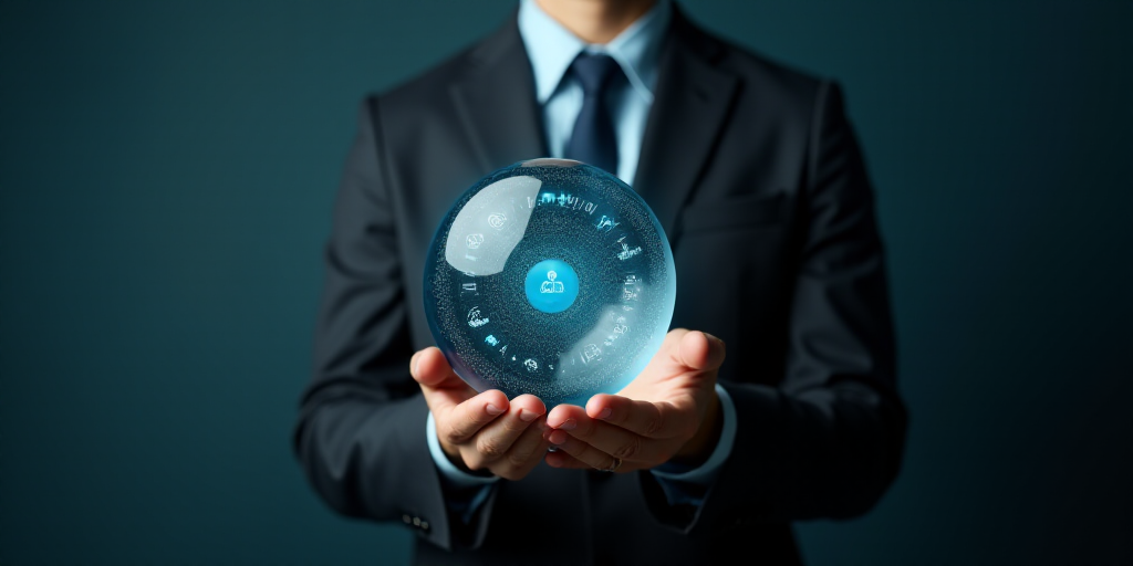 a man in a suit holding a glass ball with icons on it and a button on the top of it, Andries Stock,