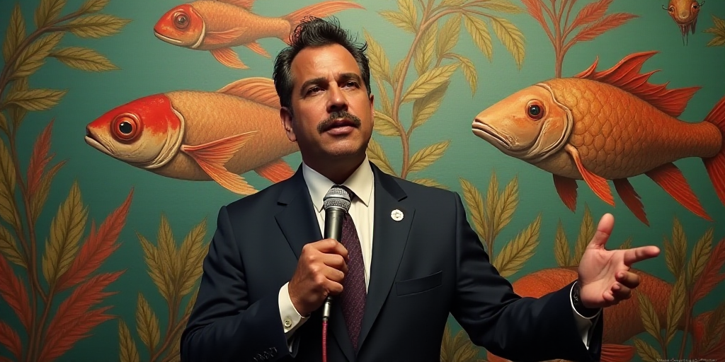 a man in a suit holding a microphone in front of a painting of fish and plants on a wall, Dave Arred