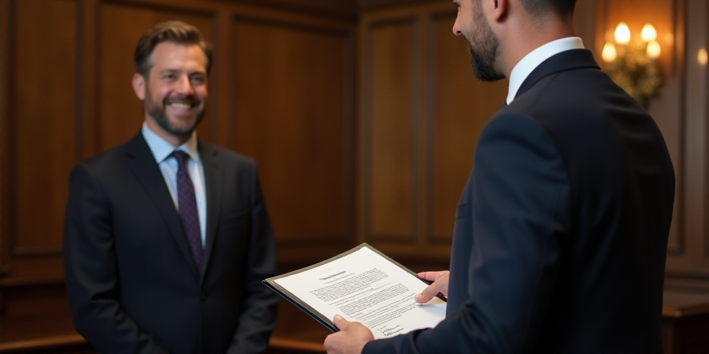 a man in a suit holding a signed document in front of a woman in a suit and tie in a room, Donald Ro