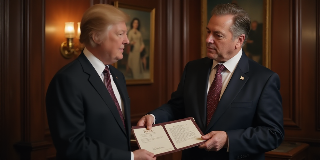 a man in a suit holding a signed document in front of a woman in a suit and tie in a room, Donald Ro