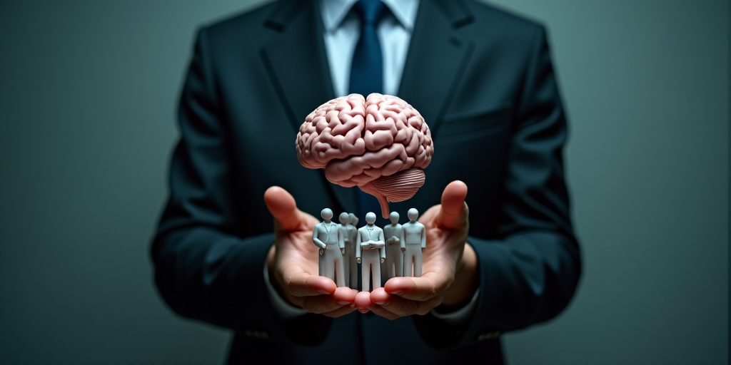 a man in a suit holding a small group of people in front of a brain model in his hands, Andries Stoc