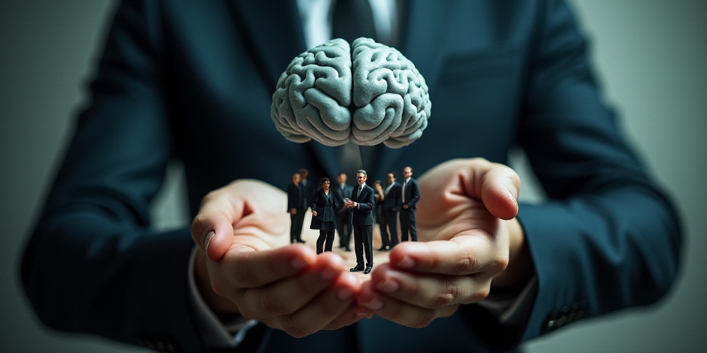 a man in a suit holding a small group of people in front of a brain model in his hands, Andries Stoc