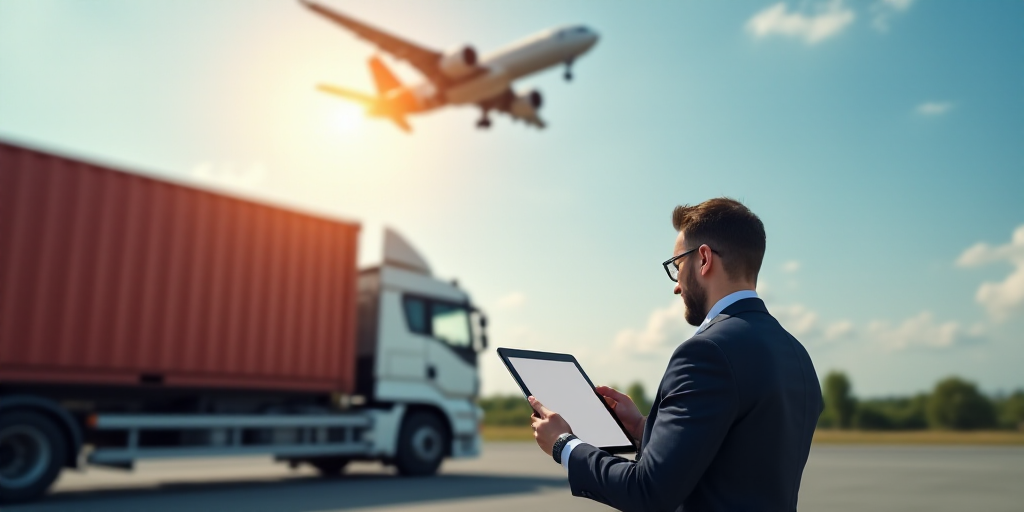 a man in a suit holding a tablet in front of a truck and airplane in the sky with a shipping contain