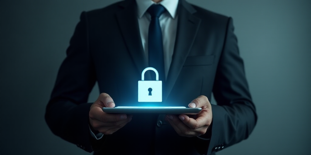 a man in a suit holding a tablet with a padlock on it and a padlock on the screen, Allen Tupper True
