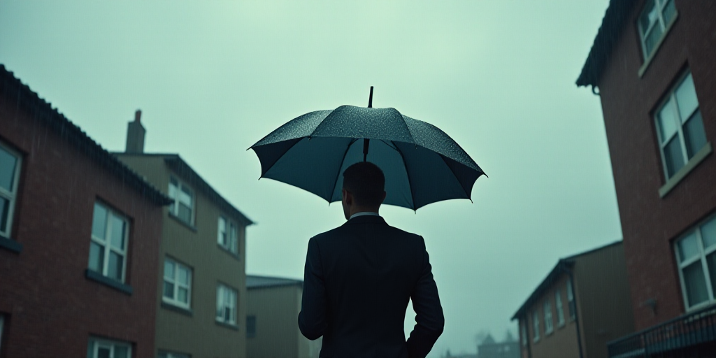 a man in a suit holding an umbrella in the rain outside of a building on a cloudy day with a white s