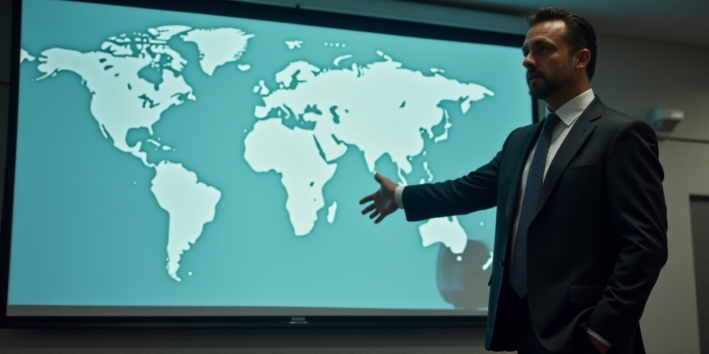 a man in a suit is giving a presentation on a large screen with a map of the country behind him, Án