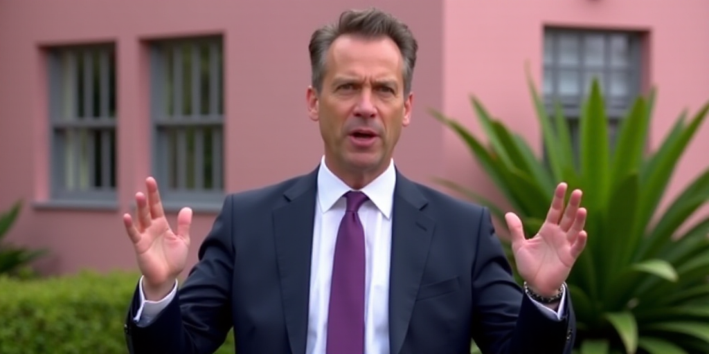 a man in a suit is giving a speech with his hands up and a plant in the background with a pink build