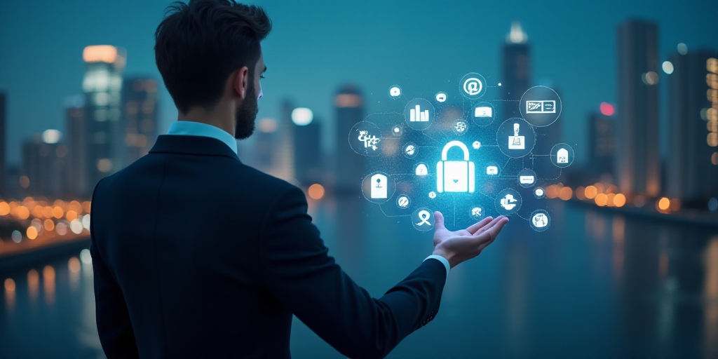 a man in a suit is holding his hand out to touch a screen with icons on it and a cityscape in the ba