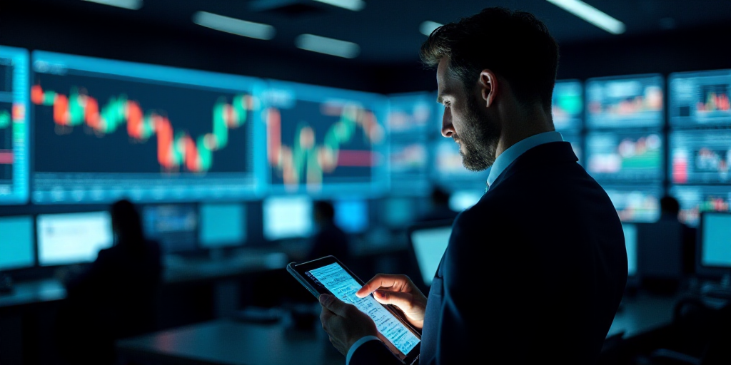 a man in a suit is looking at a tablet in a trading room with multiple screens on the wall, Andries