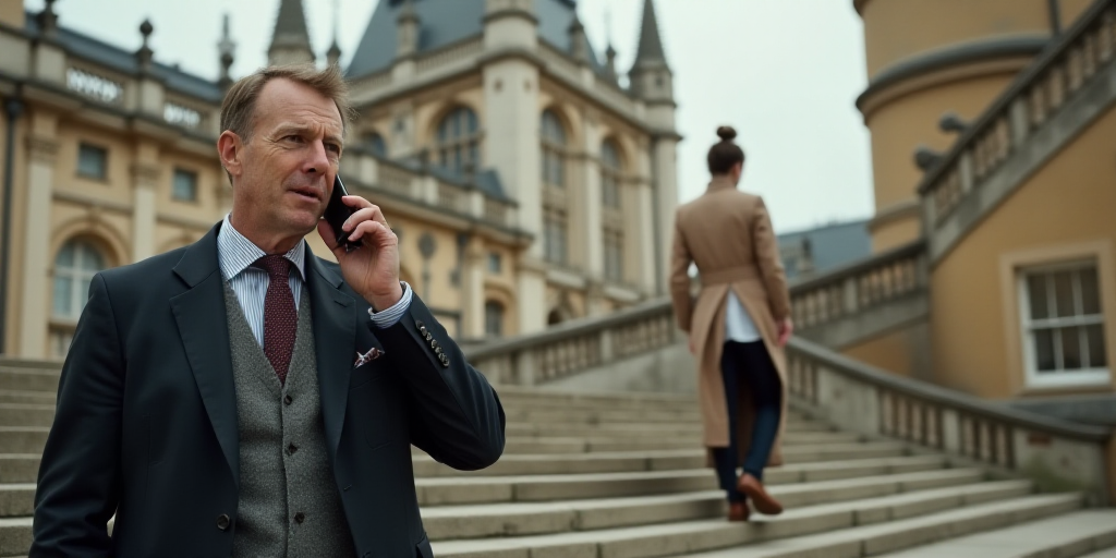 a man in a suit is on his cell phone near a building with a flag on it and a woman is walking up the