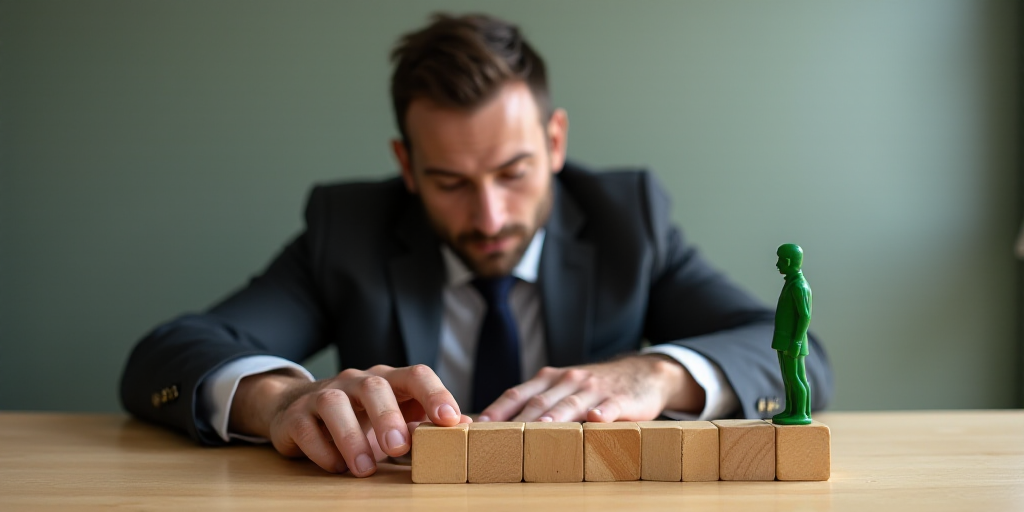 a man in a suit is playing with wooden blocks and a green man is standing on one side of the block,