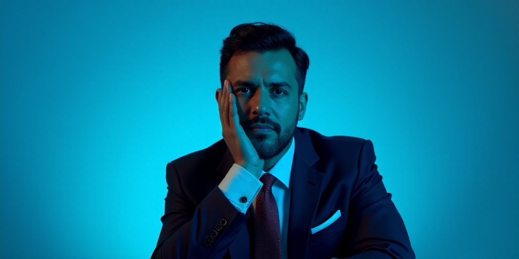 a man in a suit is posing for a picture with his chin resting on his hand, with a blue background, A