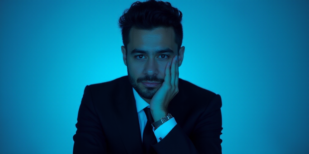 a man in a suit is posing for a picture with his chin resting on his hand, with a blue background, A