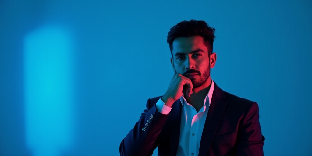 a man in a suit is posing for a picture with his chin resting on his hand, with a blue background, A