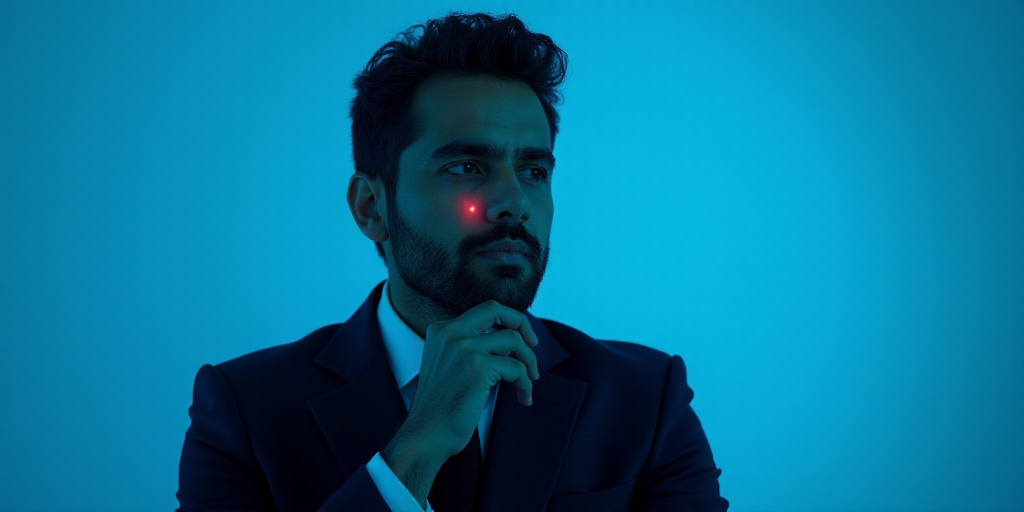 a man in a suit is posing for a picture with his chin resting on his hand, with a blue background, A