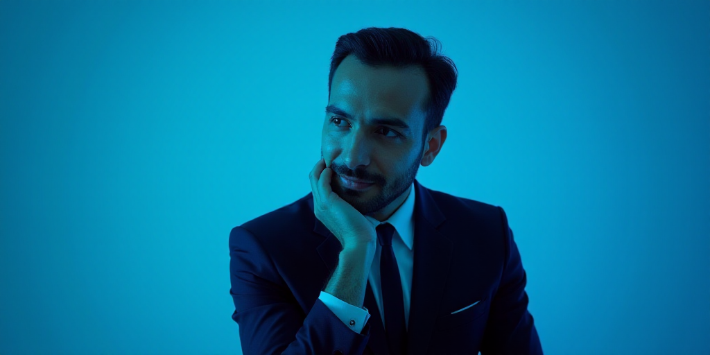 a man in a suit is posing for a picture with his chin resting on his hand, with a blue background, A