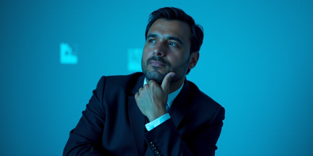 a man in a suit is posing for a picture with his chin resting on his hand, with a blue background, A