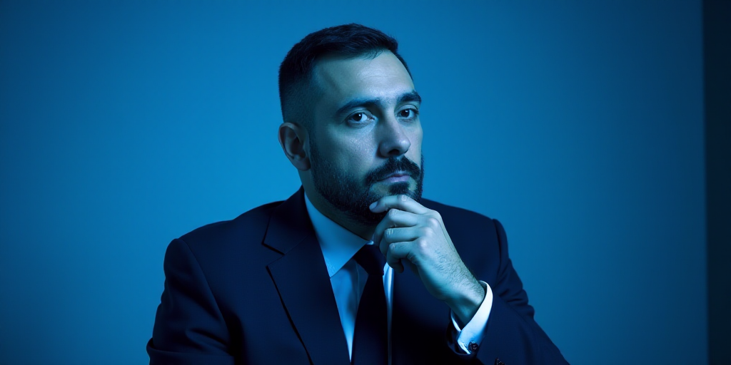 a man in a suit is posing for a picture with his chin resting on his hand, with a blue background, A