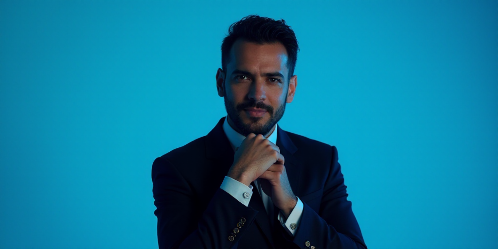 a man in a suit is posing for a picture with his chin resting on his hand, with a blue background, A