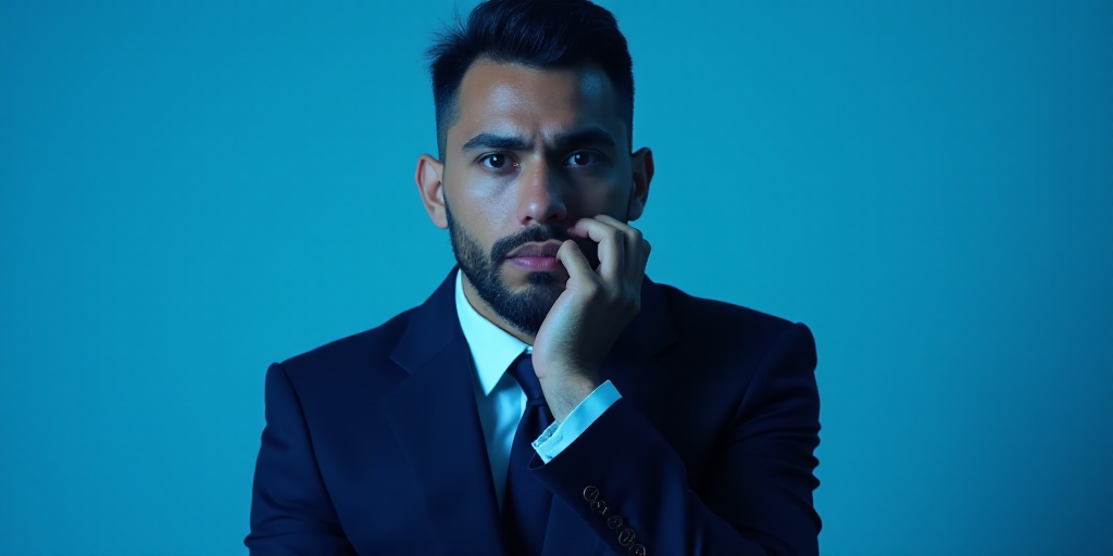 a man in a suit is posing for a picture with his chin resting on his hand, with a blue background, A