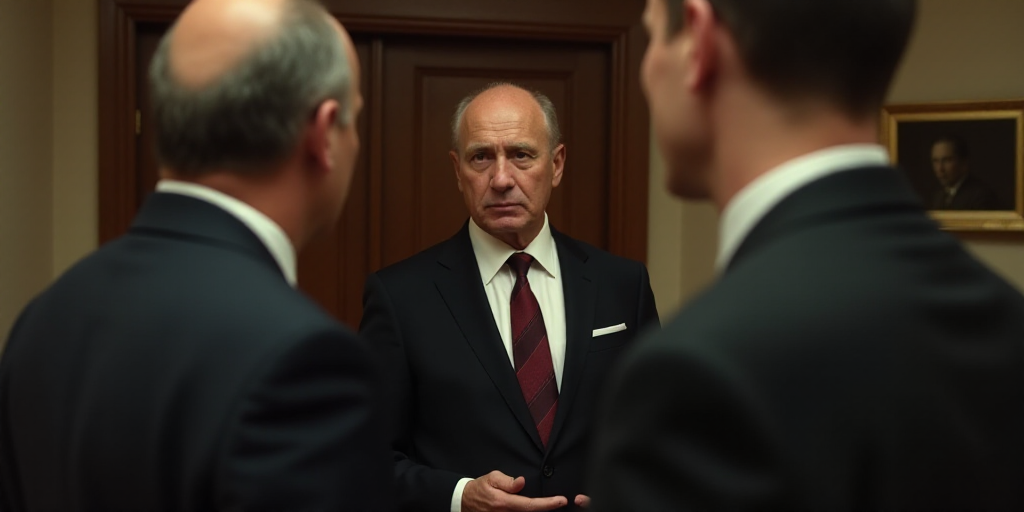 a man in a suit is talking to someone in a room with a door in the background and a picture on the w