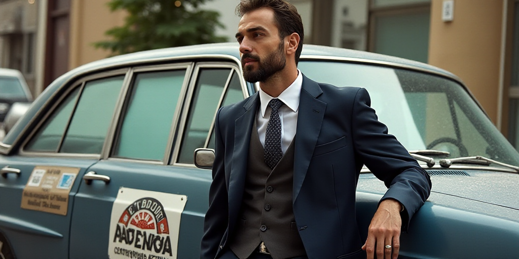 a man in a suit leaning against a car door with a sticker on it's side and a car behind him, Ahmed Y
