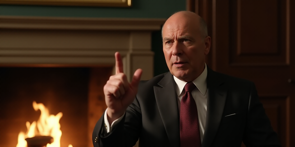 a man in a suit pointing at something with his finger in the air and a fireplace in the background,