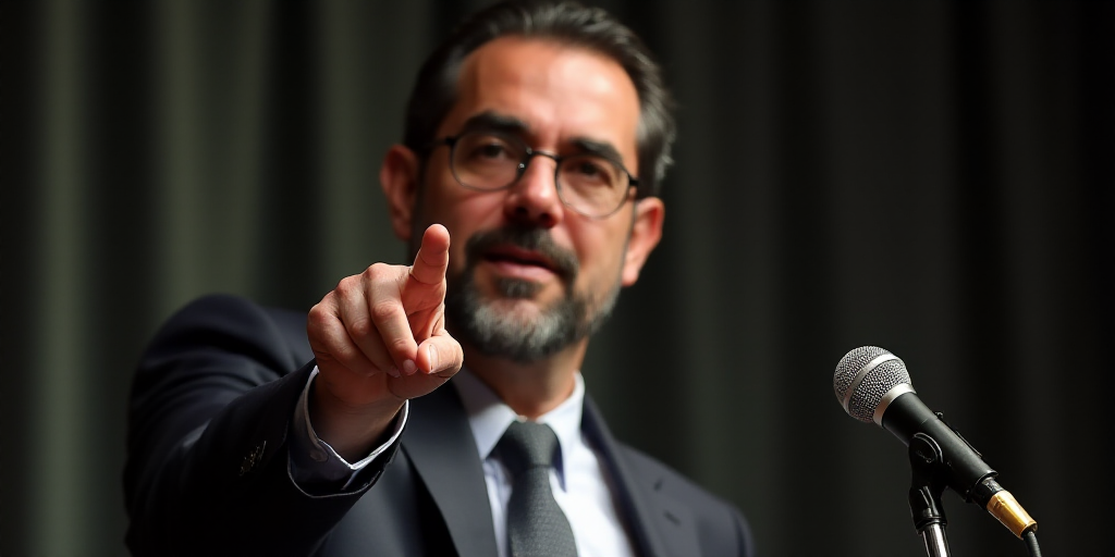 a man in a suit pointing at something with his finger up in front of him and a microphone in the bac