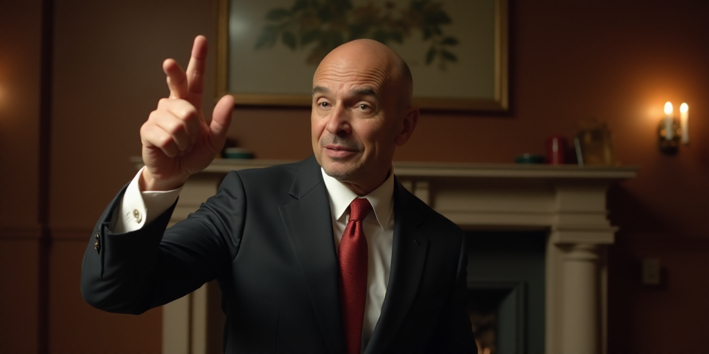 a man in a suit pointing at something with his finger in the air and a fireplace in the background,