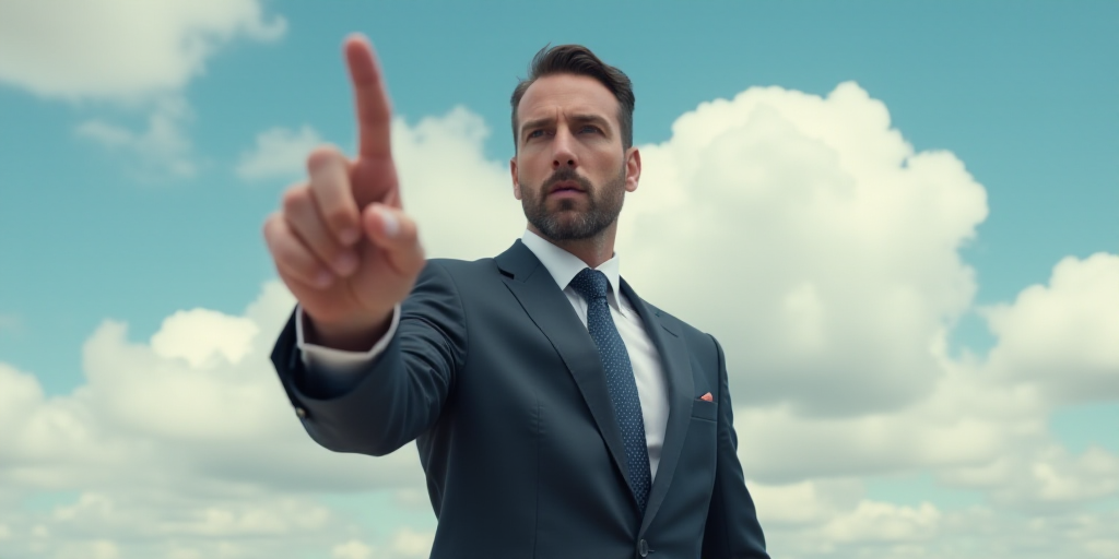 a man in a suit pointing at something with his finger up and a sky background with clouds in the bac