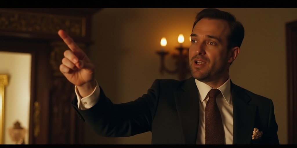 a man in a suit pointing at something with his finger in the air and a fireplace in the background,