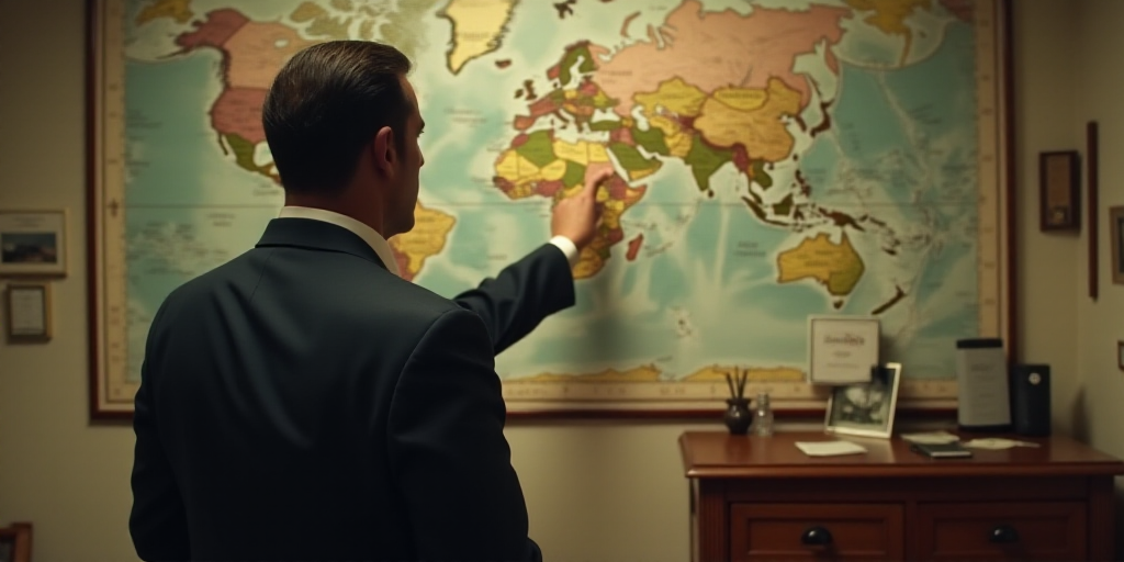 a man in a suit points at a map on a wall with a marker in it and a wooden cabinet behind him, Feder
