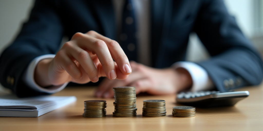 a man in a suit putting money into a stack of coins next to a calculator and a calculator, Andries S
