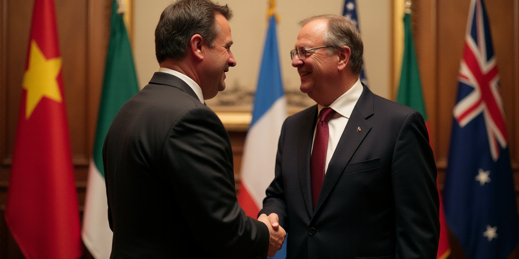 a man in a suit shaking hands with a man in a suit and tie in front of a row of flags, Carl Gustaf P