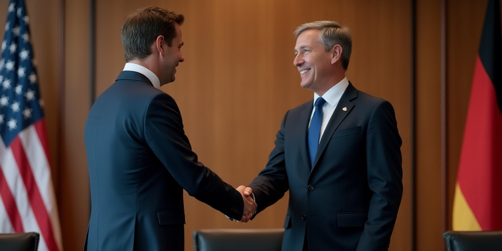 a man in a suit shaking hands with a man in a suit in front of a desk with flags, Chippy, jurgens, a