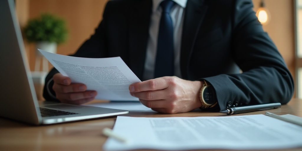 a man in a suit sitting at a desk with a laptop and papers in front of him, reading a paper, Andries