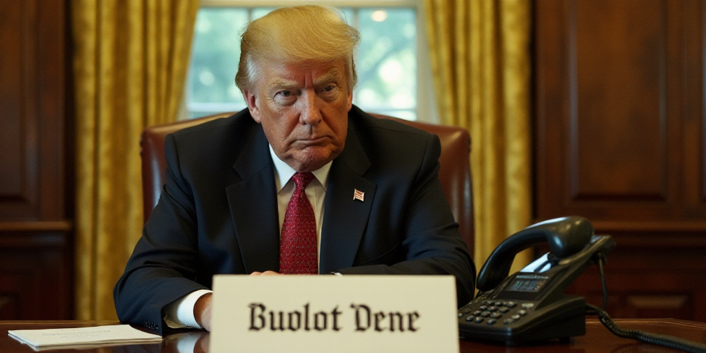 a man in a suit sitting at a desk with a phone and a sign in front of him that says golden dome for