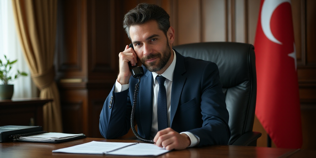 a man in a suit sitting at a desk with a phone in his hand and a flag in the background, Eduardo Lef