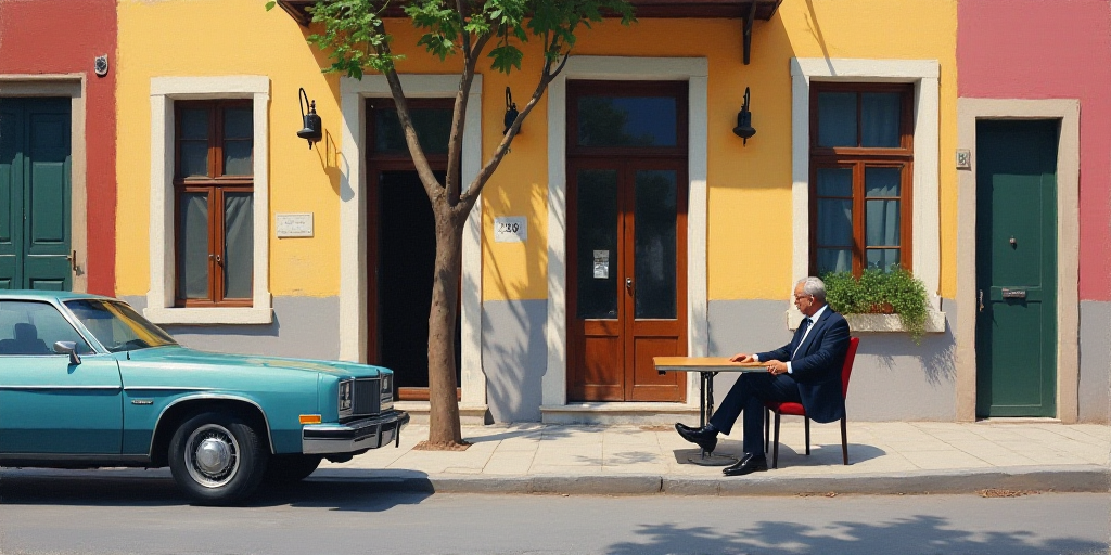 a man in a suit sitting at a table in front of a building and a car parked in front of it, Ceferí O